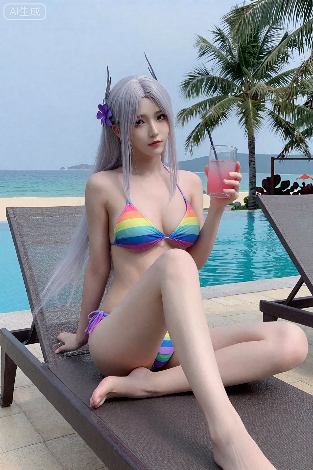 真人摄影。长长的、飘逸的银色头发从她的背上垂下来。。 头上戴着一个银色的装饰头饰,一朵紫色的小花塞在她左边的头发里。。,小医仙,
。。全身身照片。。大长腿。。
 在海边,彩虹色比基尼,****,
,坐在热带海岛的泳池边躺椅上,。。她端起果汁向你示意,表情俏皮又得意,享受着胜利后的悠闲。 **镜头参数：** 35mm, f/2.8, ISO 200, 1/500s **核心关键词：** `泳池躺椅`, ``, ` `俏皮得意`, ``轻松惬意`, `