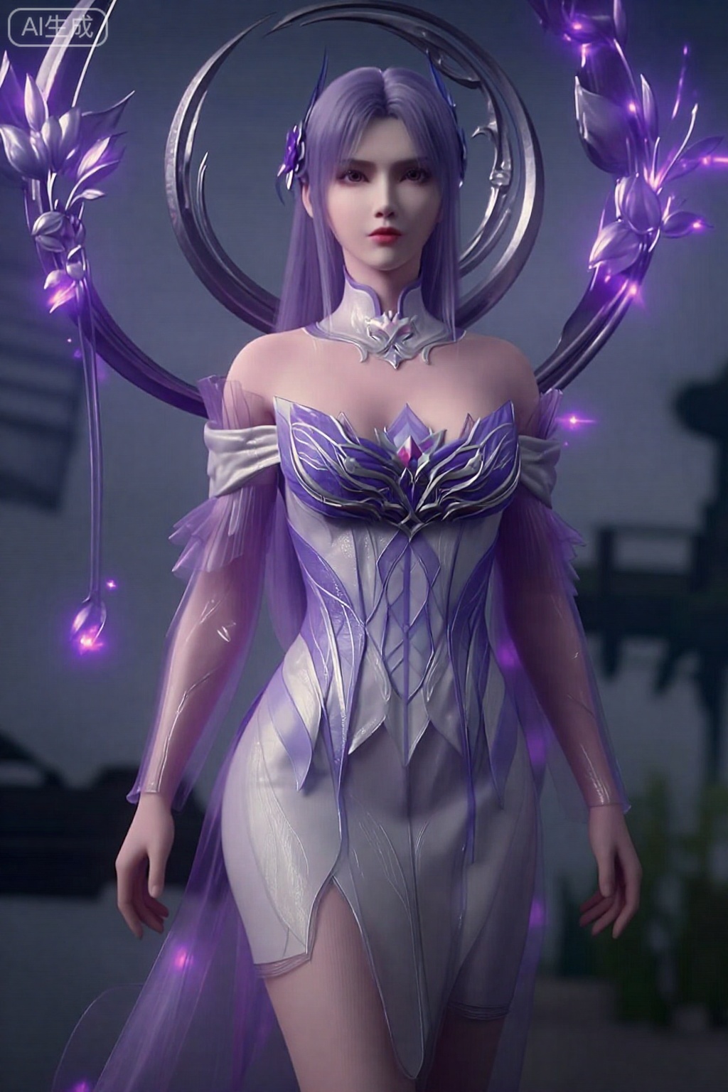 真人摄影。  。她的服装是一件合身、华丽的连衣裙,胸部有突出的精致设计,混合了紫色和银色。这款连衣裙采用露肩袖设计,采用分层透明面料。在她的身后,有巨大的翼状结构,上面有花朵和叶子的图案,闪烁着柔和的紫色光芒。,小医仙