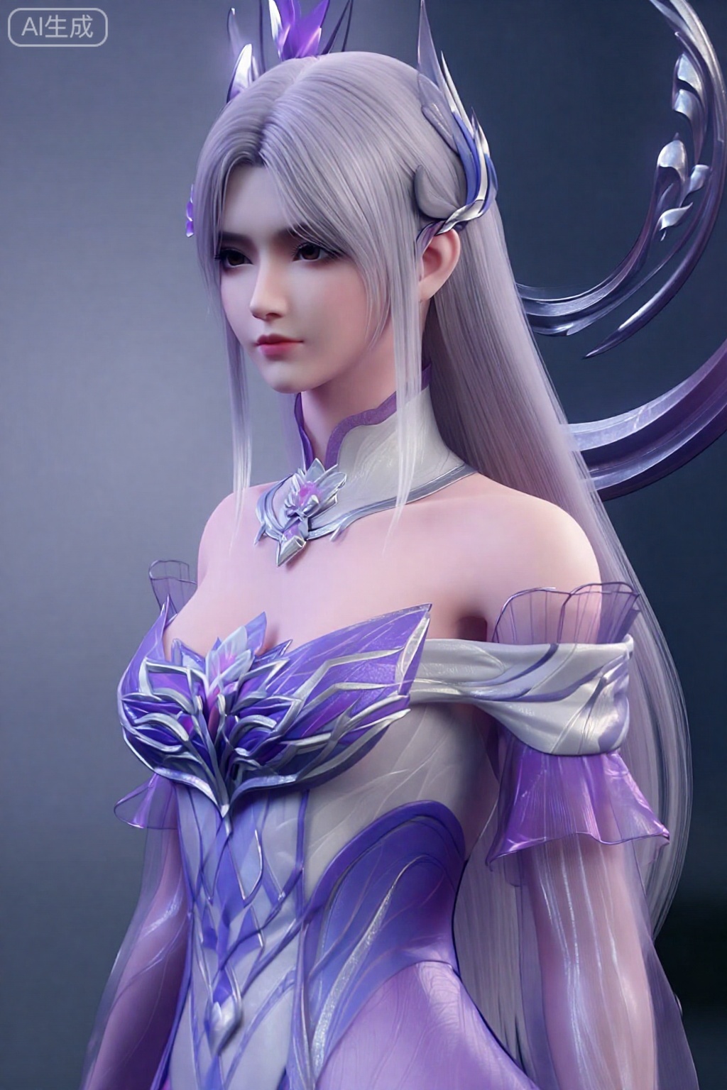 真人摄影。一个女性角色,长长的、飘逸的银色头发从她的背上垂下来。她有一双尖尖的、精灵般的耳朵,脸上的表情平静而从容。她的服装是一套精致的、充满幻想风格的服装,混合了柔和的紫色和白色色调。她服装的紧身胸衣设计复杂,带有几何图案,并饰有精致的花朵状装饰。她穿着半透明的露肩斗篷,为她的外表增添了一丝飘逸的气质。 她的头上戴着一个银色的装饰头饰,棱角分明的设计与她的耳朵相得益彰,一朵紫色的小花塞在她左边的头发里。在她身后,可以看到一件大型华丽的武器,。。,小医仙