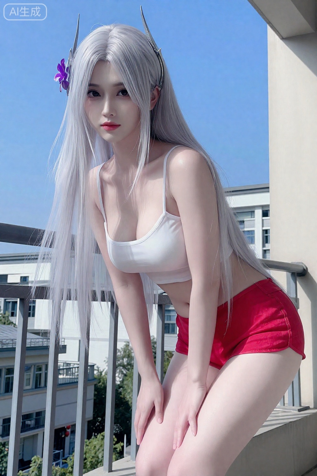 真人摄影。长长的、飘逸的银色头发从她的背上垂下来。。 头上戴着一个银色的装饰头饰,一朵紫色的小花塞在她左边的头发里。。,小医仙,
宿舍阳台,学妹穿（白色吊带露腰）+ 浅红短裤（露白皙长腿）,头发慵懒披散,皮肤雪白细腻水润无瑕疵,无AI 痕迹,直视镜头,完美身材搭配圆润胸部,单手撑阳台护栏俯身,背景蓝天+ 远处教学楼,细节,光影勾勒身材曲线,壁纸级清新画面,纯欲初恋感十足。,