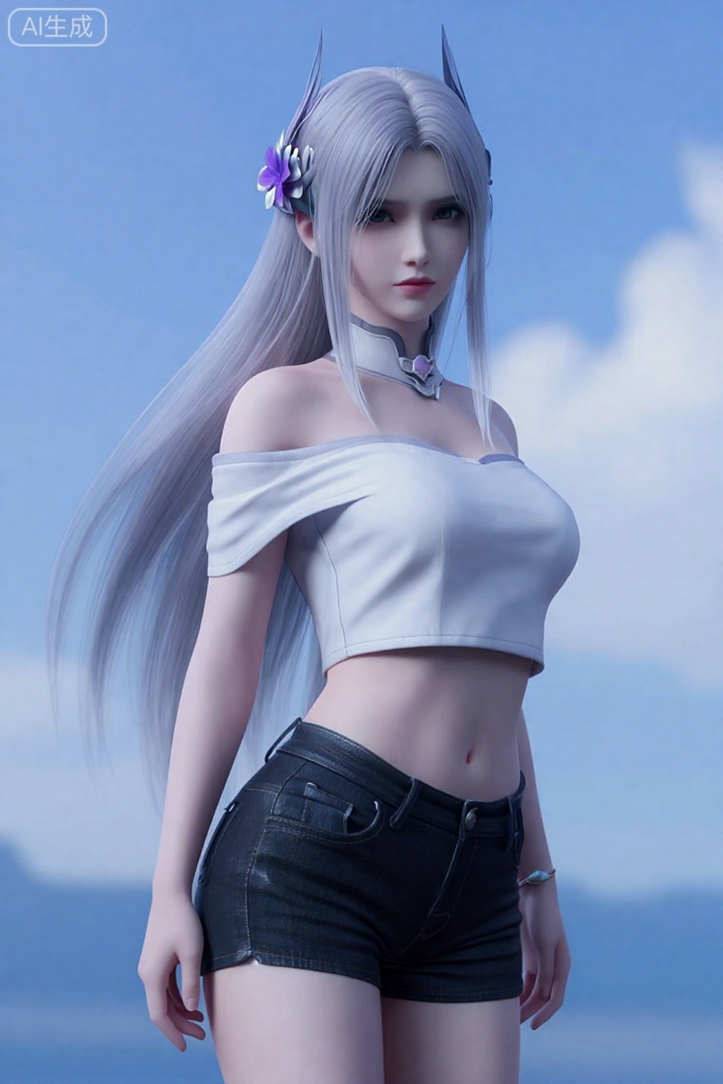 真人摄影。长长的、飘逸的银色头发从她的背上垂下来。。 头上戴着一个银色的装饰头饰,一朵紫色的小花塞在她左边的头发里。。,小医仙,
驿站佳人,
 cowboy shot, Blue sky, white clouds, ocean,nai3, 1girl, shorts, solo, crop top, black shorts, choker, navel, shirt, midriff, crop top overhang, looking at viewer, white shirt, jewelry, breasts, bare shoulders, short shorts, off-shoulder shirt, off shoulder, black choker, thighs, stomach, hand on own thigh, long hair, bracelet, short sleeves, ribbon, hand up, collarbone, hair ribbon, medium breasts, standing, high-waist shorts, dolphin shorts, bra strap, , hair ornament, thigh gap, necklace, expressionless, , ,kind smile, ,  wangyushan