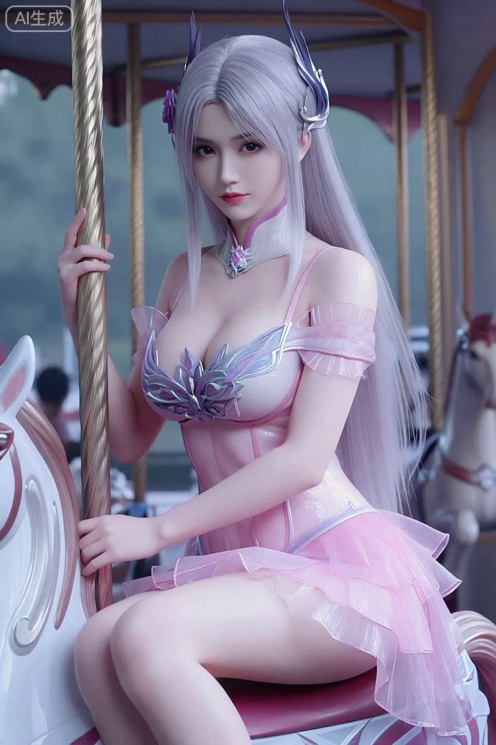真人摄影。长长的、飘逸的银色头发。。 头上戴着一个银色的装饰头饰,一朵紫色的小花塞在她左边的头发里。。,小医仙,
 
, ,美颜,皮肤雪白细腻质感水润光滑年轻,去AI 感,
真实中式美女照片,去AI 感,精致壁纸风视觉吸引力佳。露腿粉色吊带露腰蓬蓬短裙,完美身材（巨大胸蜂腰、雪白水润光滑年轻皮肤）,场景是游乐园旋转木马旁,姿势为坐旋转木马扶手微笑,服装模特范。镜头：焦距50mm、光圈f/2.2、ISO200,美颜适度,氛围感拉满,直视镜头,妆容妖艳妩媚,改良性感古装蕾丝与蓬蓬裙结合,甜美又性感。​,