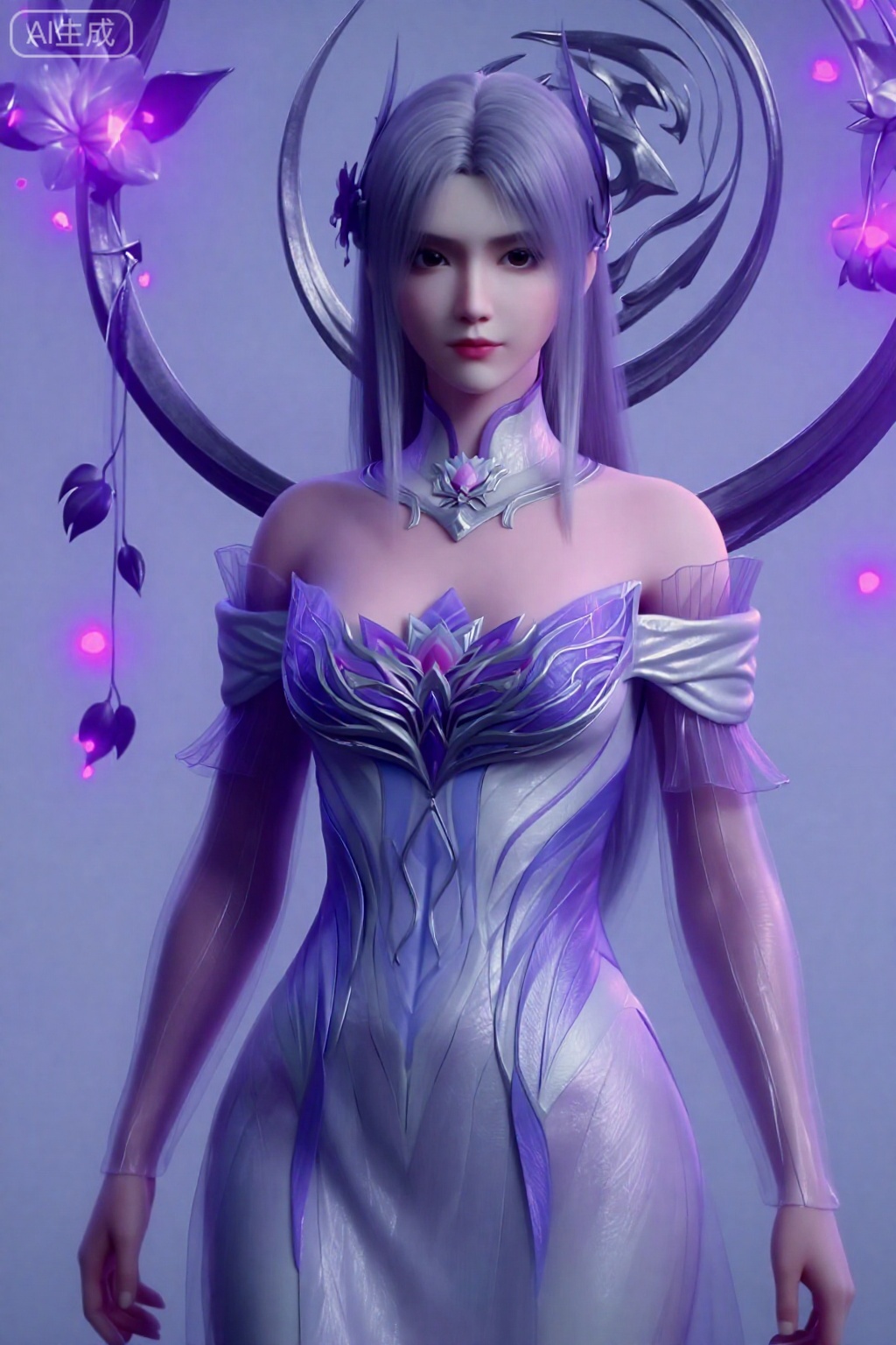 真人摄影。  。她的服装是一件合身、华丽的连衣裙,胸部有突出的精致设计,混合了紫色和银色。这款连衣裙采用露肩袖设计,采用分层透明面料。在她的身后,有巨大的翼状结构,上面有花朵和叶子的图案,闪烁着柔和的紫色光芒。,小医仙