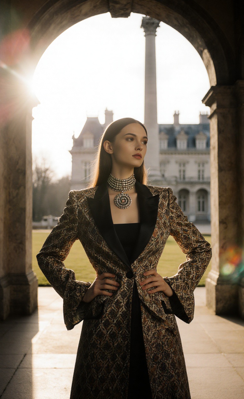 A model in a chic patterned jacket with long flowing sleeves and a prominent necklace,  her hands resting on her hips,  a...