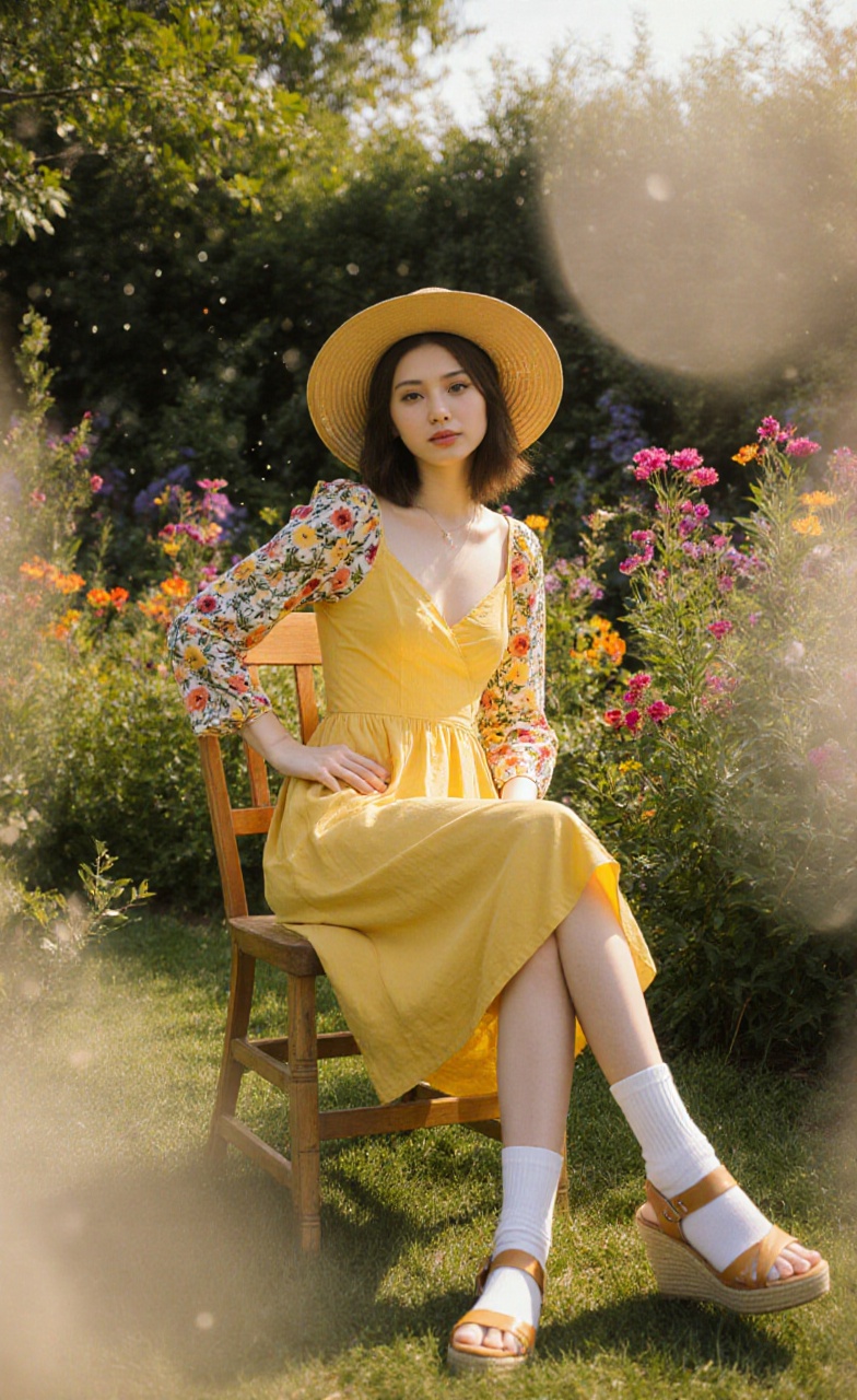 Low-angle view of a young woman sitting on a wooden chair in an outdoor garden. Lush greenery and vibrant flowers surround...
