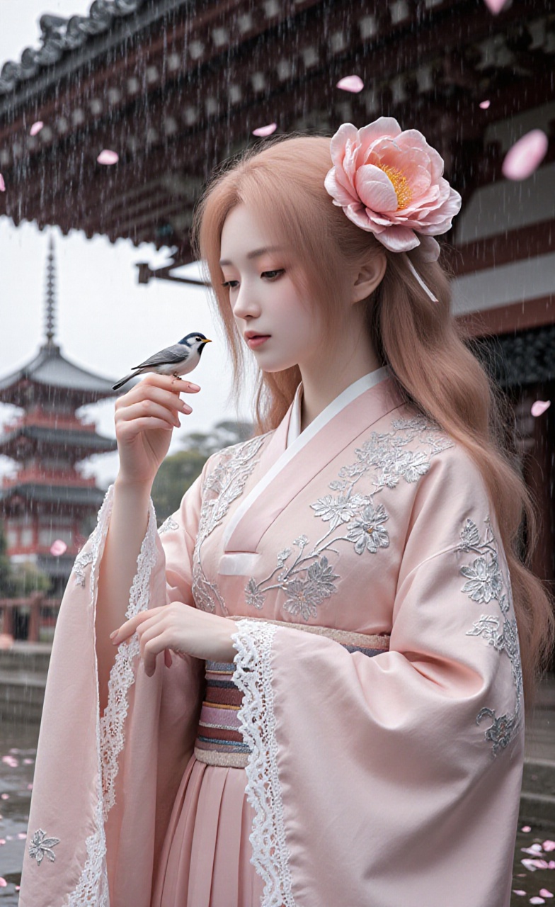 A whimsical princess with cascading rose-gold hair adorned with a large silk peony,  clad in a flowing,  dusty rose-pink h...
