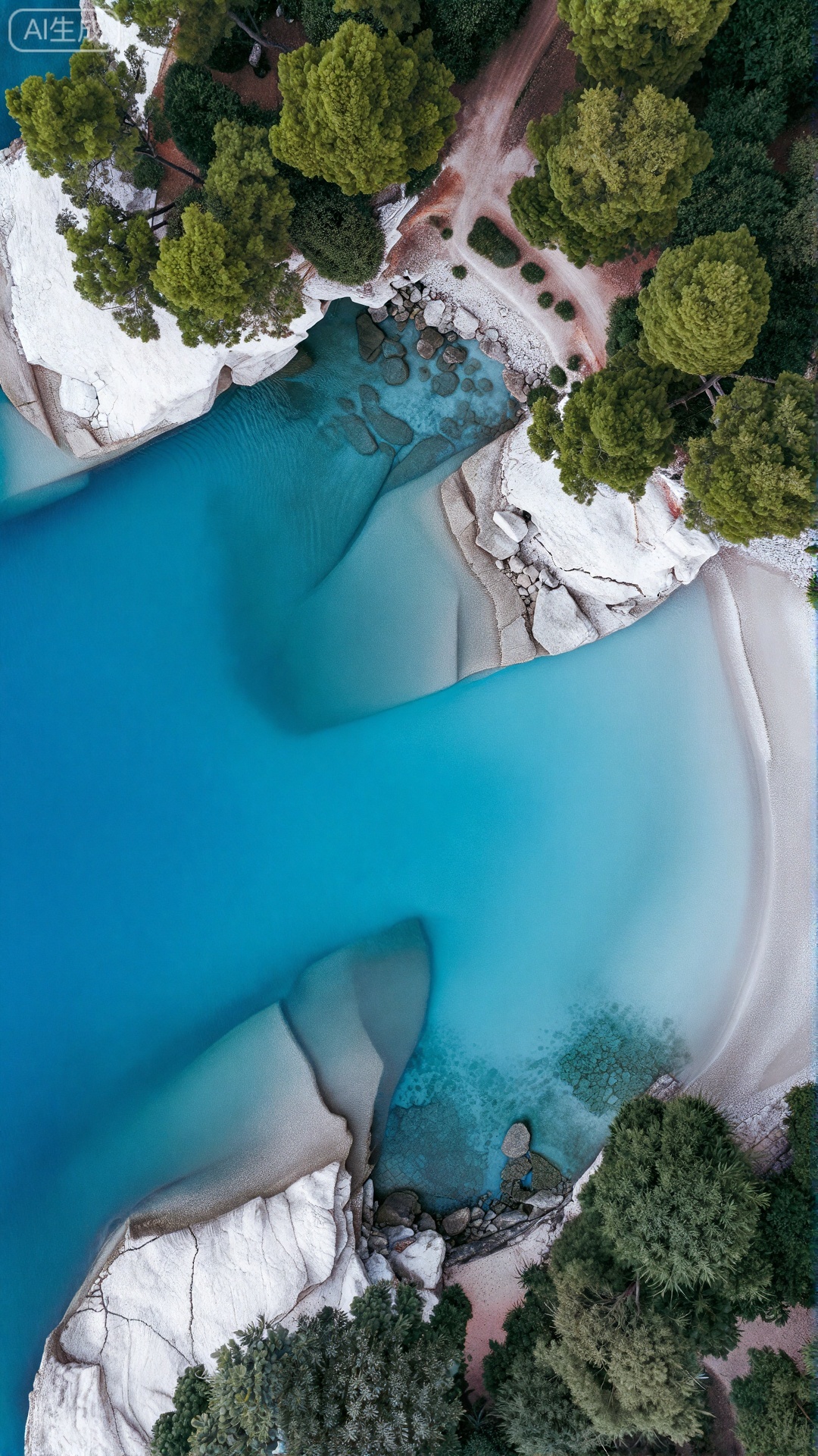海岸场景的航拍照片。清澈的绿松石色大海,随着远离海岸,海水逐渐转变为更深的幽蓝色。海岸线分布着岩石,其中点缀着白色的风化岩石。水面之上,茂密的绿色松树覆盖着山坡,形成了郁郁葱葱的森林区域。一条狭窄蜿蜒的土路穿梭过树林,径直通向岩石海岸。阳光铺洒在水面,突出了它的澄澈透明度,还隐约露出了下方的岩石海底。整体构图捕捉了充满活力的蓝色大海、浓郁绿色森林与白色岩石之间的鲜明对比,营造出如诗如画的自然景观,精美手机壁纸。