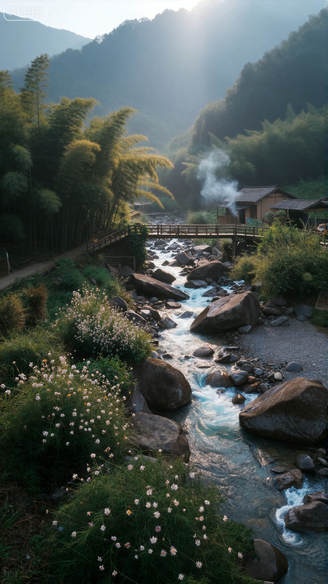 精美手机壁纸,
清晨的山间溪谷,薄雾如轻纱般漫过黛青色的山峦,阳光穿透云层,在苍翠的竹林间洒下斑驳的金辉。一条清澈的溪流从山谷深处蜿蜒而来,水底的鹅卵石清晰可见,水流撞击着岩石,泛起细碎的白沫,叮咚声在林间回荡。溪岸边长满了不知名的野花,粉白、鹅黄、淡紫点缀在翠绿的草丛中,几只彩蝶在花丛中翩跹。不远处,古朴的木桥横跨溪上,桥身爬满了青藤,桥的另一端是掩映在树荫里的青瓦小屋,袅袅炊烟顺着微风飘散,与山间的雾气融为一体,整个画面透着清新雅致的田园诗意。