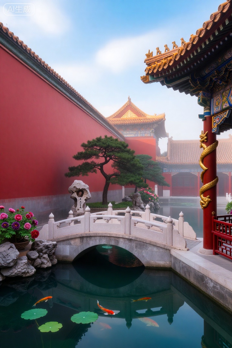 精美手机壁纸,
晨曦中的中式皇家庭院,朱红宫墙蜿蜒伸展,墙头琉璃瓦在阳光下泛着金光,檐角瑞兽栩栩如生。庭院中央,汉白玉拱桥横跨碧波池,池水清澈见底,锦鲤在荷叶间悠然游弋。两侧回廊雕梁画栋,彩绘描绘着山水花鸟,廊柱上盘龙缠绕,栩栩如生。庭院深处,几株古柏苍劲挺拔,树下奇石刻有御笔题字,旁边牡丹盛放,姹紫嫣红。远处宫殿飞檐翘角,与蓝天白云相映,晨雾尚未散尽,为整个庭院增添了几分朦胧的皇家气派,静谧中透着威严与雅致。