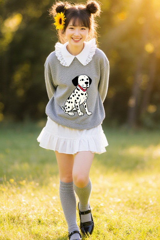 A loose grey sweatshirt with a dalmatian graphic over a ruffled white collar shirt,  paired with a white ruffled mini skir...
