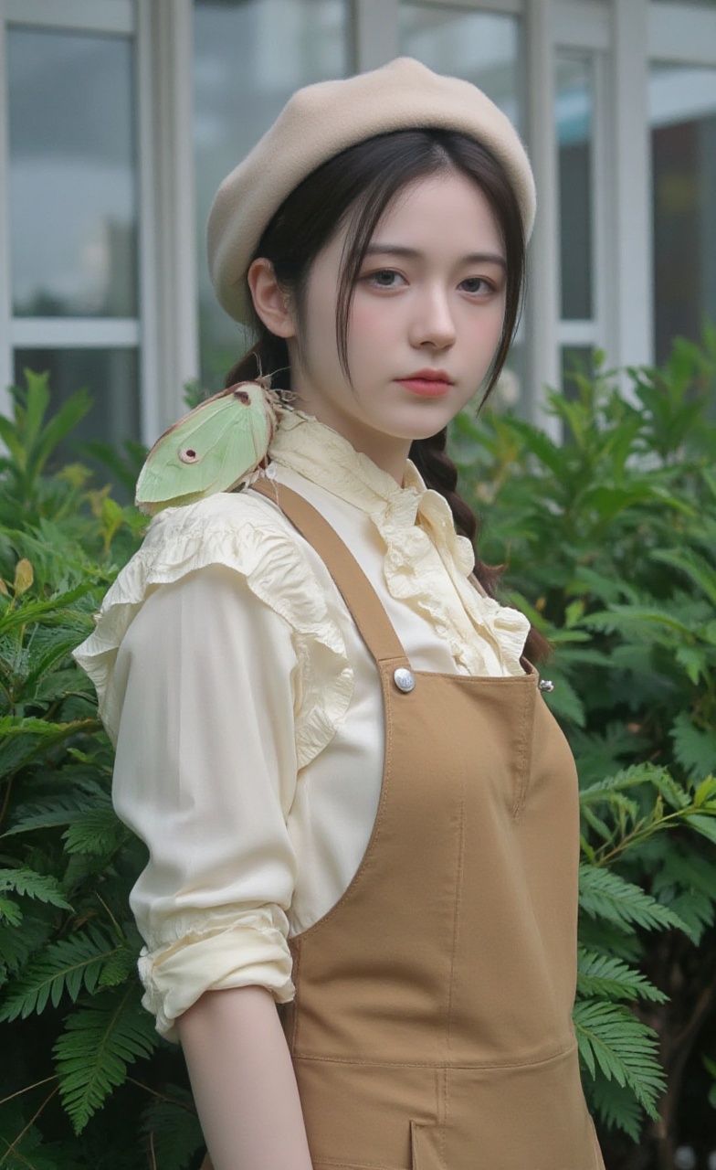 A young woman with pigtails and a beige beret,  wearing a tan ruffled pinafore over a cream ruffled shirt,  standing among...