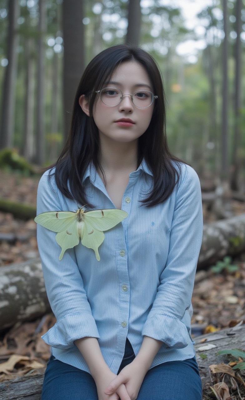 A young woman with long straight black hair and round glasses wearing a light blue vertical striped button-up shirt and de...