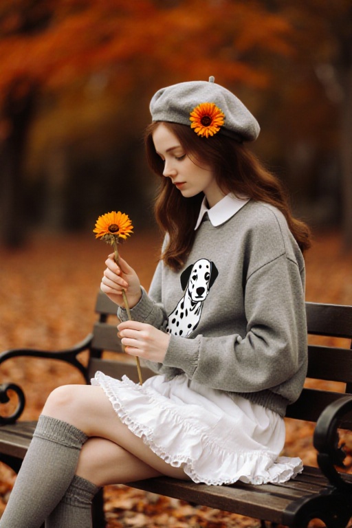 A loose grey sweatshirt with a dalmatian graphic over a ruffled white collar shirt,  paired with a white ruffled mini skir...