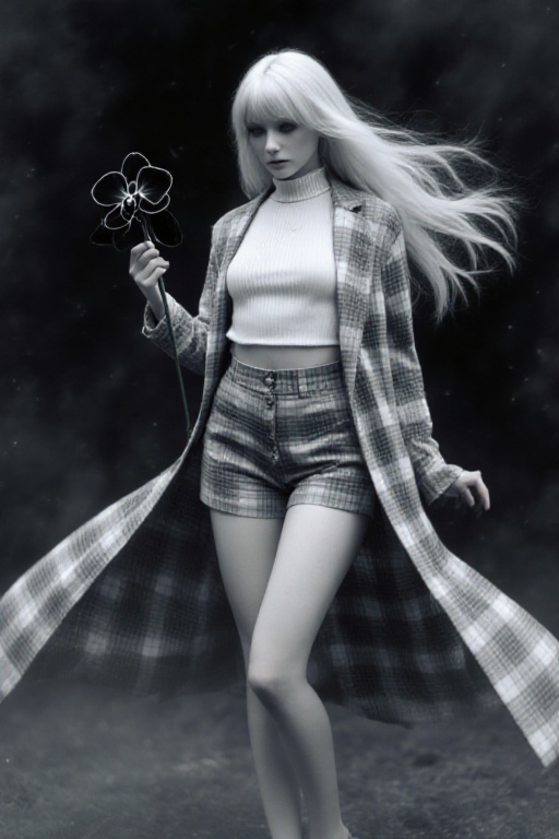 A high-neck sleeveless ribbed top,  high-waisted buttoned shorts,  and a long plaid coat; in shades of grey and white on T...