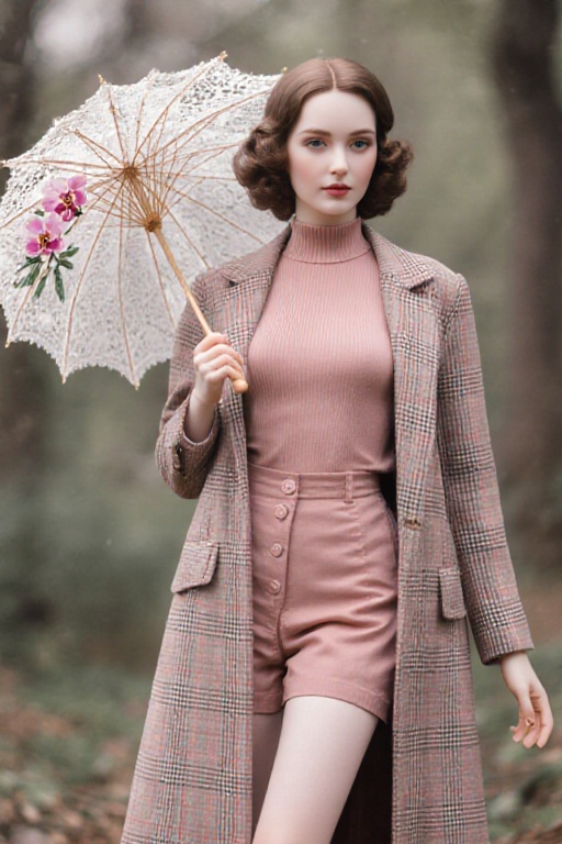 A high-neck sleeveless ribbed top,  high-waisted buttoned shorts,  and a long plaid coat; in dusty rose on Tensor.Art