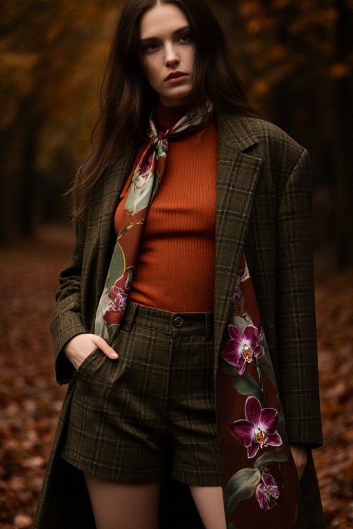 A high-neck sleeveless ribbed top,  high-waisted buttoned shorts,  and a long plaid coat; rendered in burnt orange and oli...