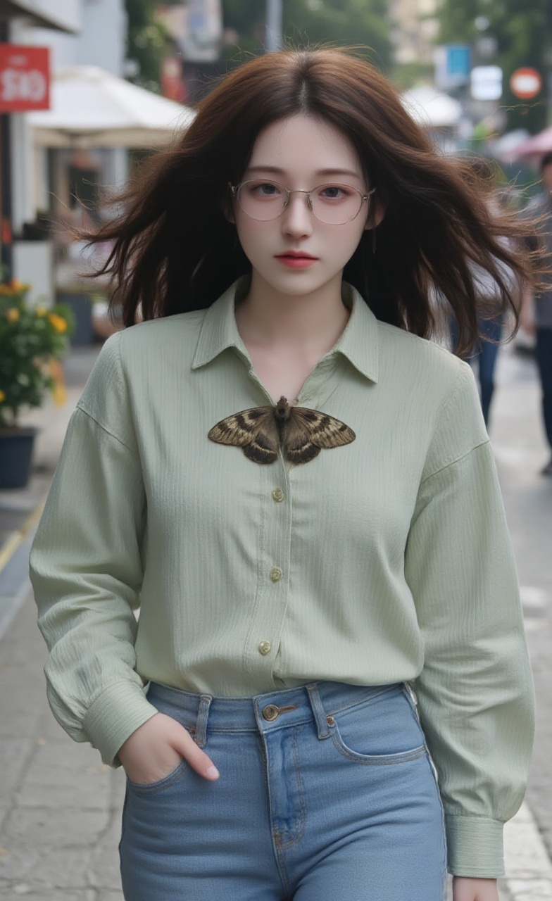 A girl with flowing black hair and glasses,  dressed in a sage green striped button-down and baggy jeans. Walking through...