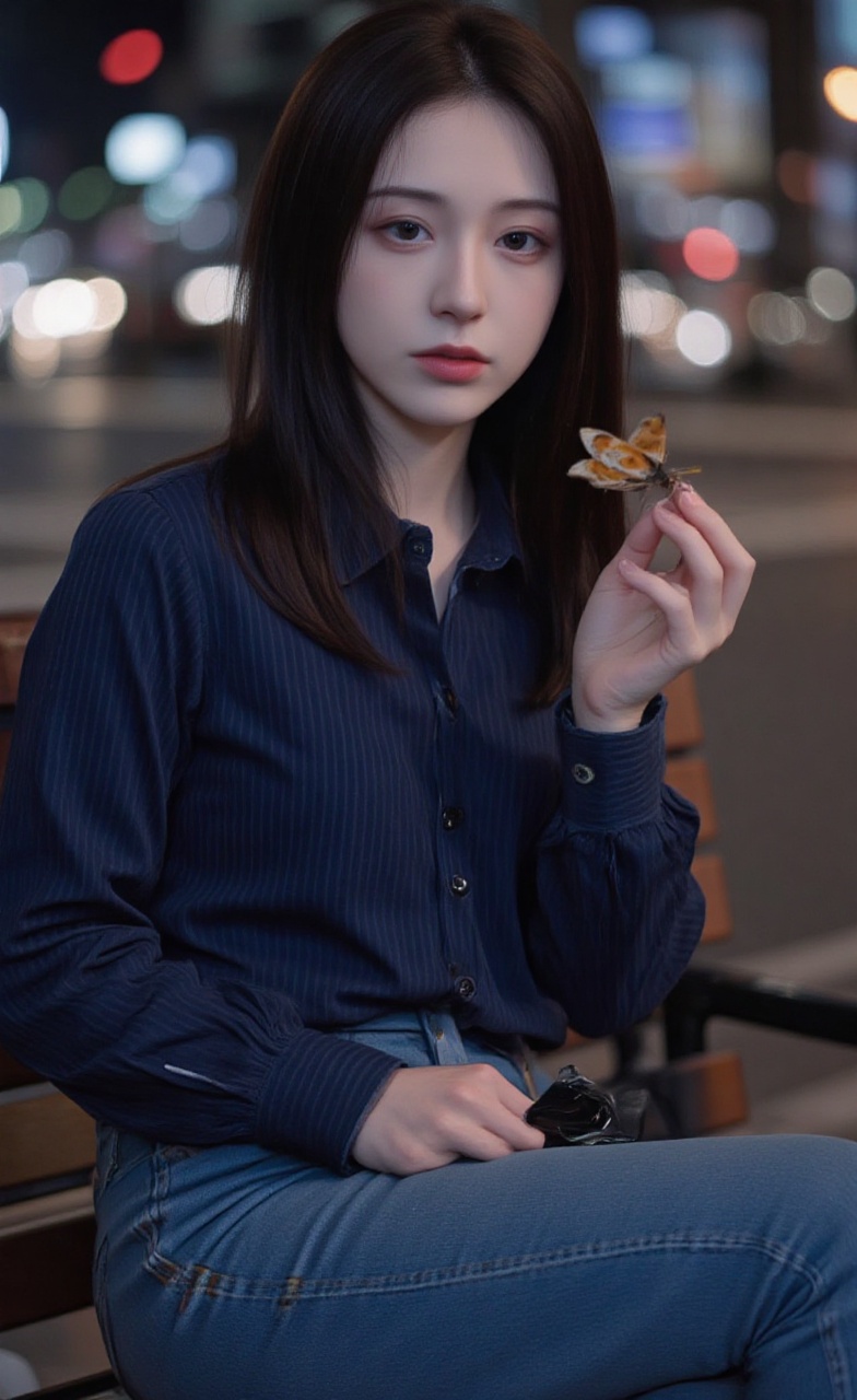 Subject in a midnight blue pinstripe shirt and wide-leg jeans,  sitting on a city bench. Long straight black hair. Soft bo...
