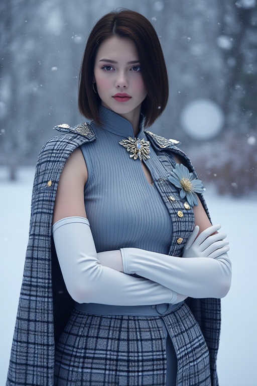 A high-neck sleeveless ribbed top,  high-waisted buttoned shorts,  and a long plaid coat; in icy silver and navy on Tensor...