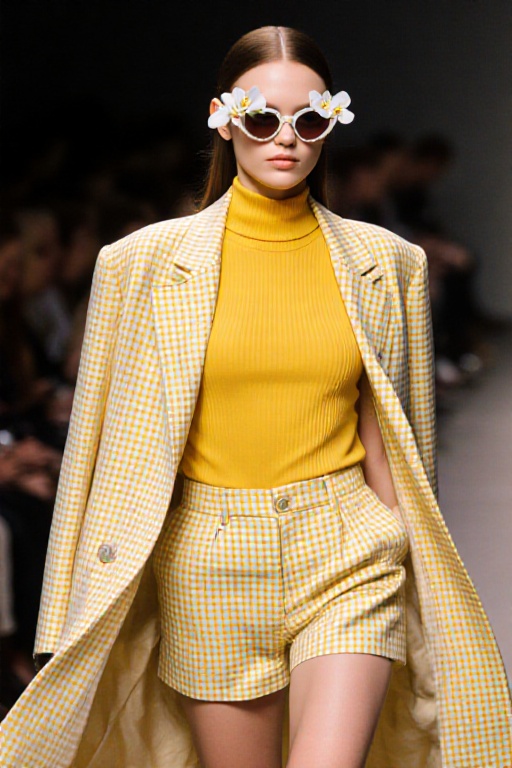 A high-neck sleeveless ribbed top,  high-waisted buttoned shorts,  and a long plaid coat; now in sunny yellow and white on...