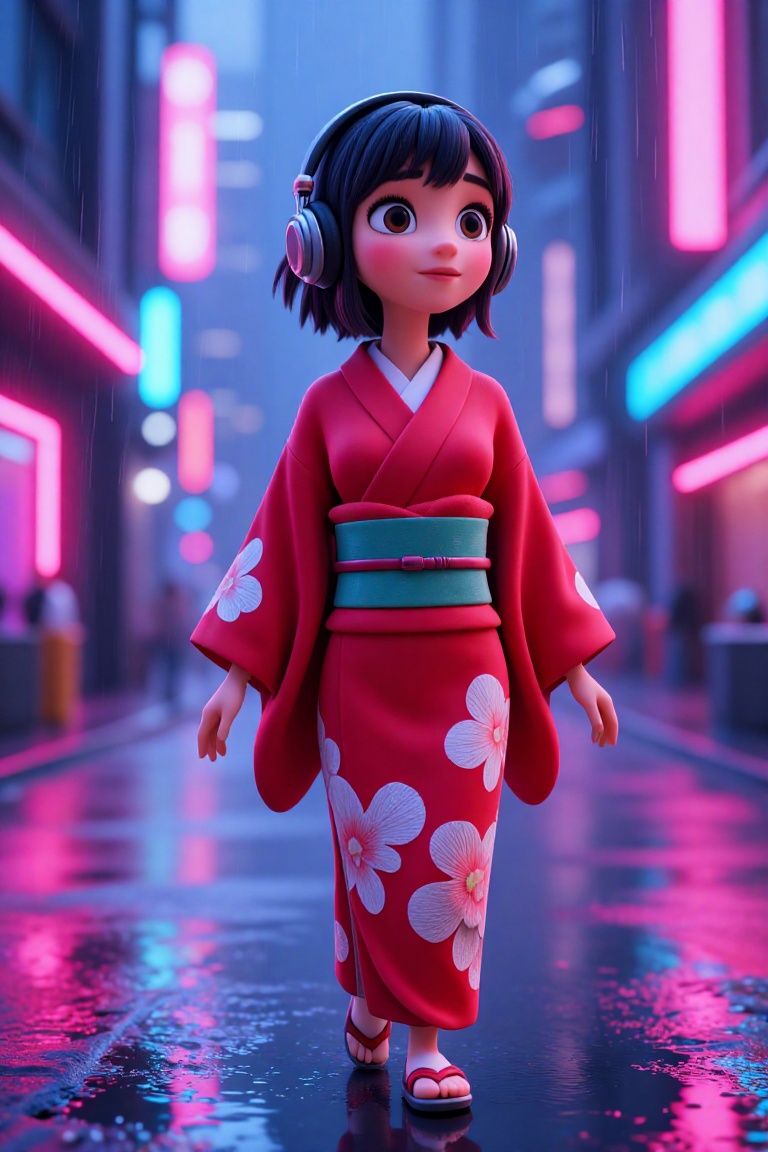 Disney Pixar-inspired 3D realistic image of a young girl in a striking red kimono,  wearing large headphones,  standing in...