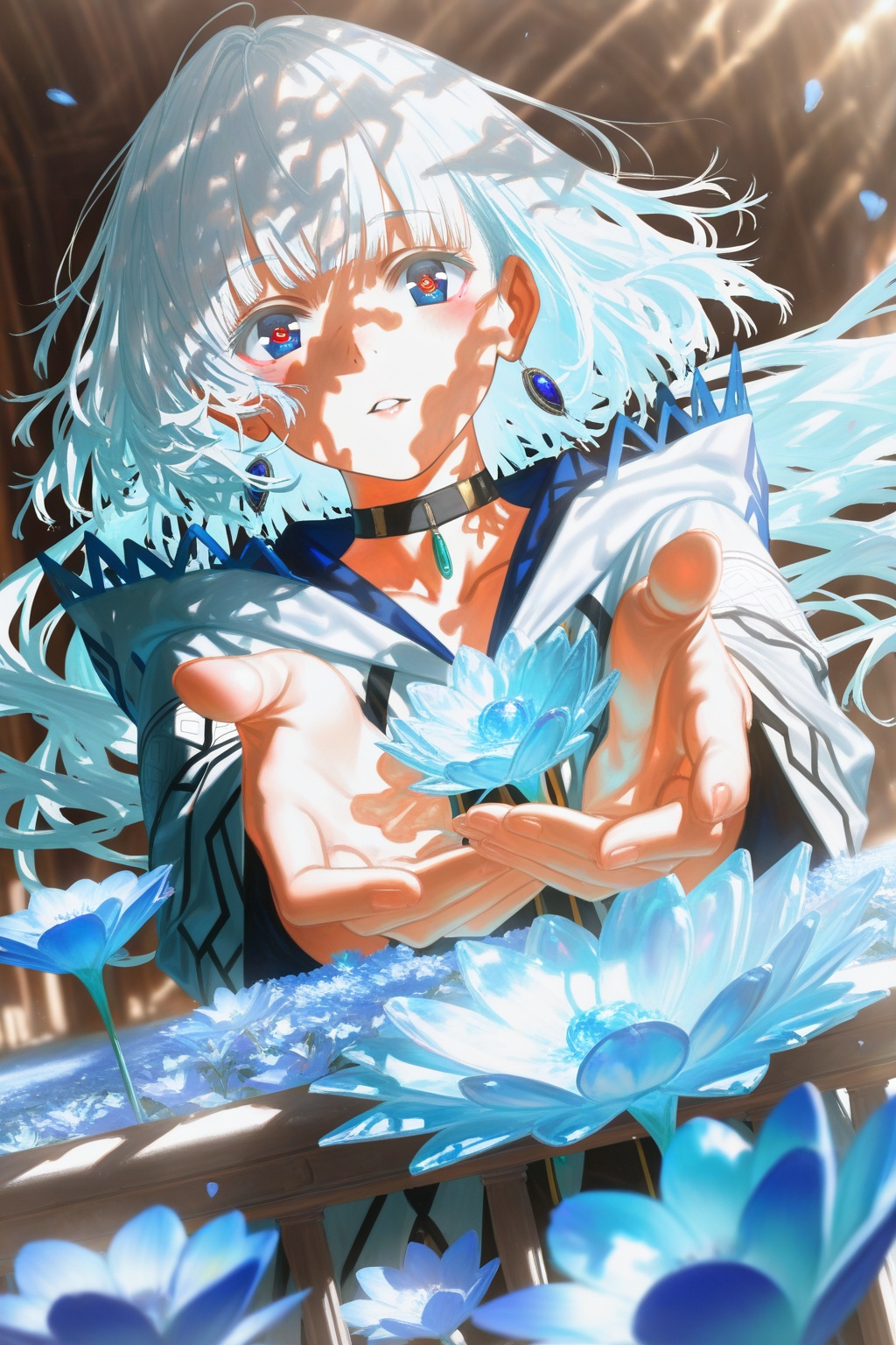 digital art,  close-up portrait of a beautiful anime-style female character with long,  silver-white hair on Tensor.Art