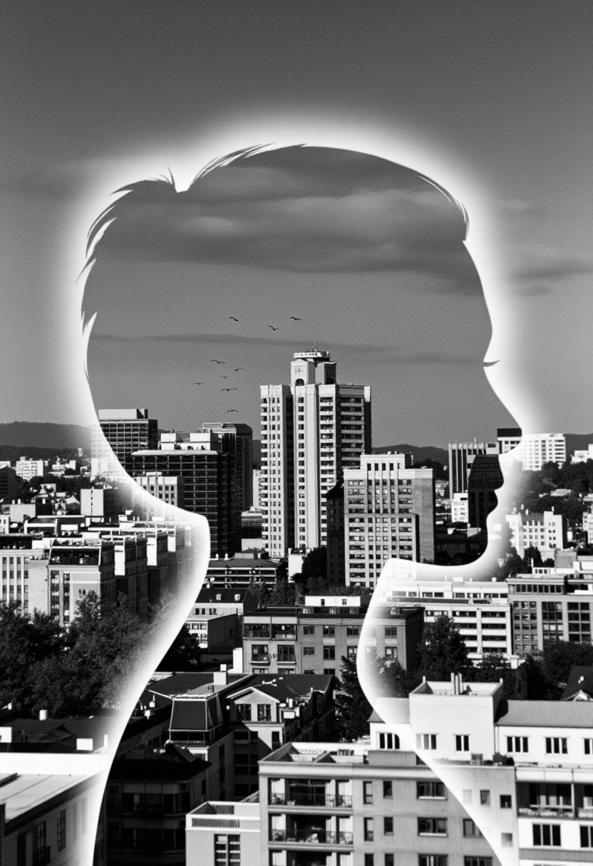 silhouette of woman's head,  within which there appears to be a cityscape with buildings. (birds FLY BETWEEN BUILDINGS,  I...