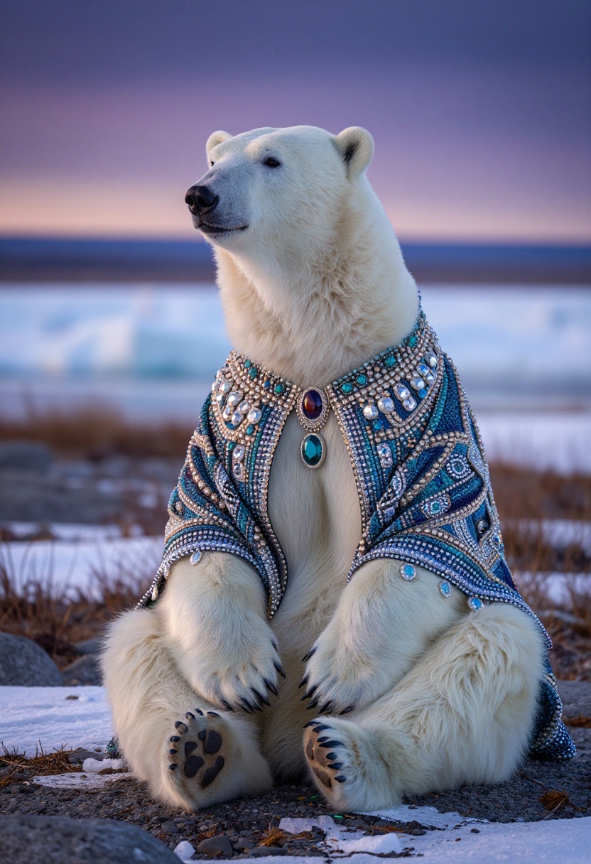 In this captivating realistic shot,  an anthropomorphic polar bear dressed in a richly textured,  jewel-toned shawl sits c...