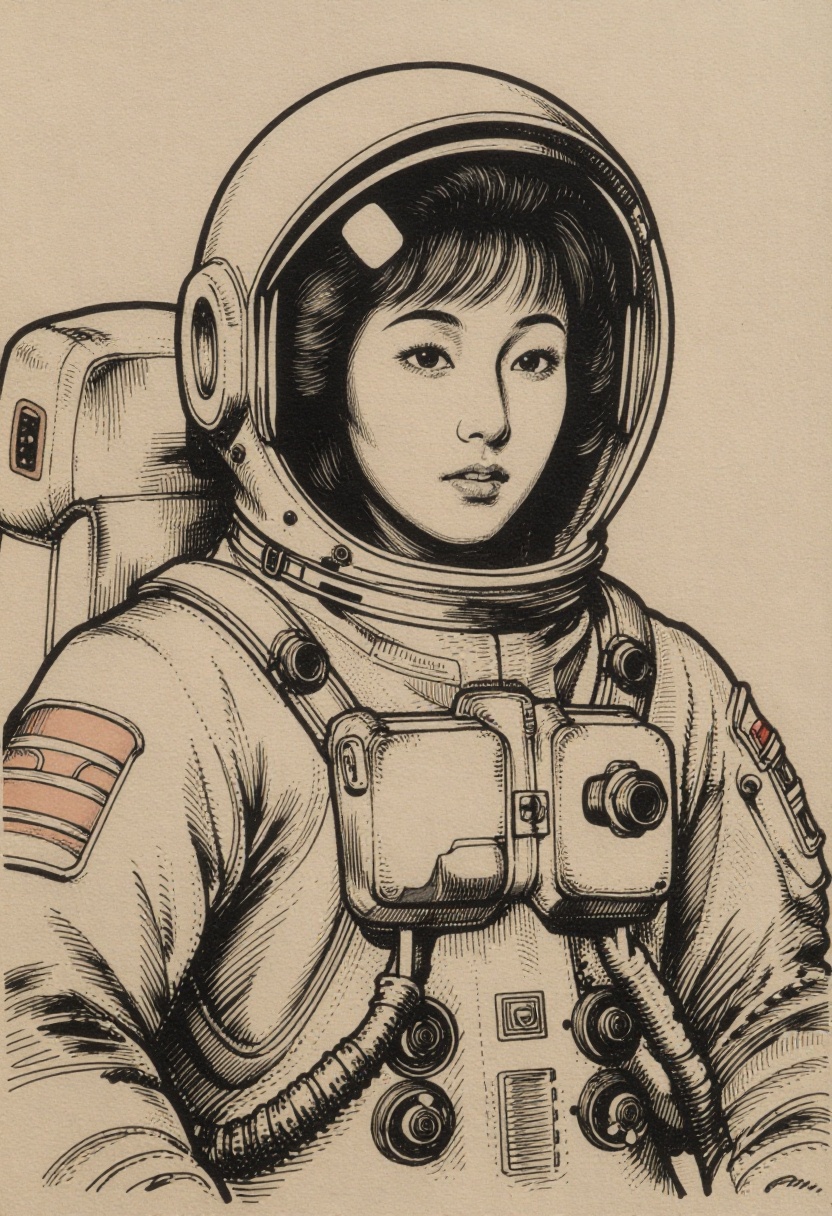 illustration of Japanese woman 1960s Astronaut in style of ink sketch on construction paper. ((intricate paper texture)) o...