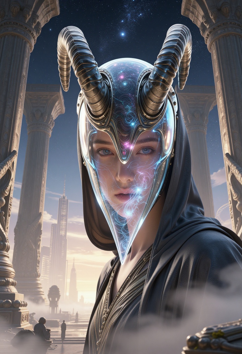 Cinematic,  futuristic scene featuring a close-up portrait of a mysterious figure wearing a dark,  flowing robe. The figur...