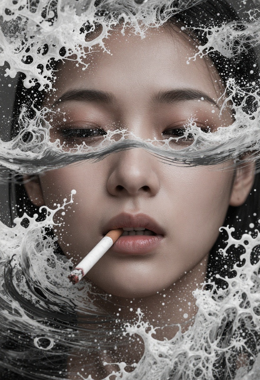 A surreal artwork showing a asian woman face with a cigarette in their mouth. upper face is obscured by what looks like a...