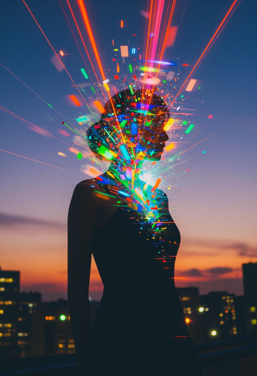 A surreal and glitch-inspired depiction of a figure with their head dissolving into a vibrant explosion of colorful light...