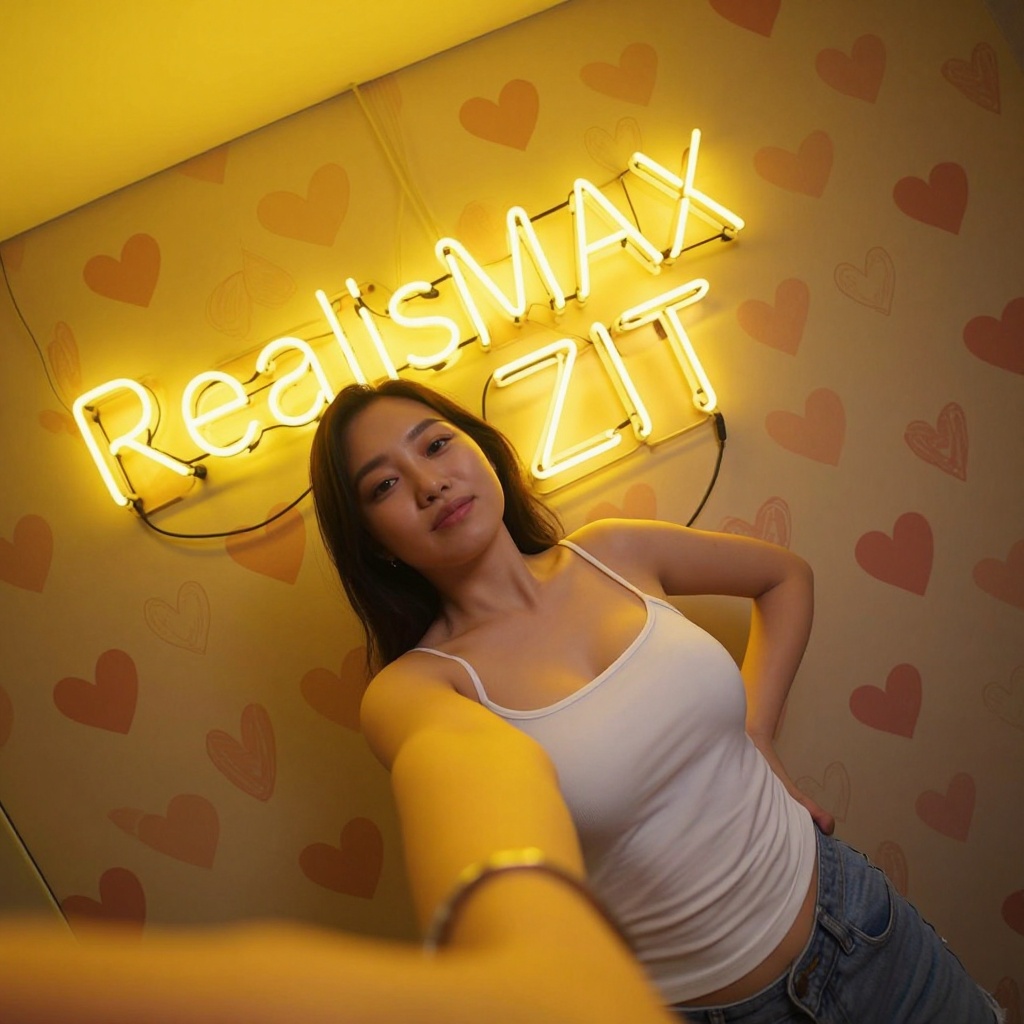 Create a vibrant scene where a yellow neon sign with the text "rRealisMAX ZIT" shines brightly in the background. A woman...