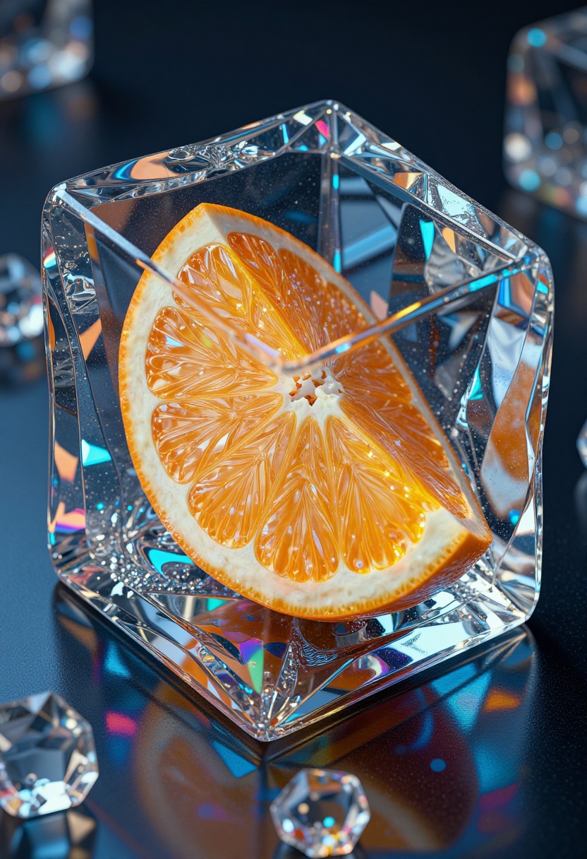 3D render,  realistic,  shining orange slice inside faceted ice cube on Tensor.Art