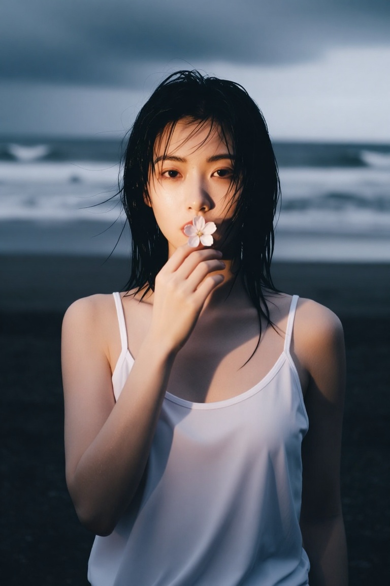 A beautiful portrait of a young asian woman in her mid 20's,  with strong contrast of light and shadow. She is facing the...