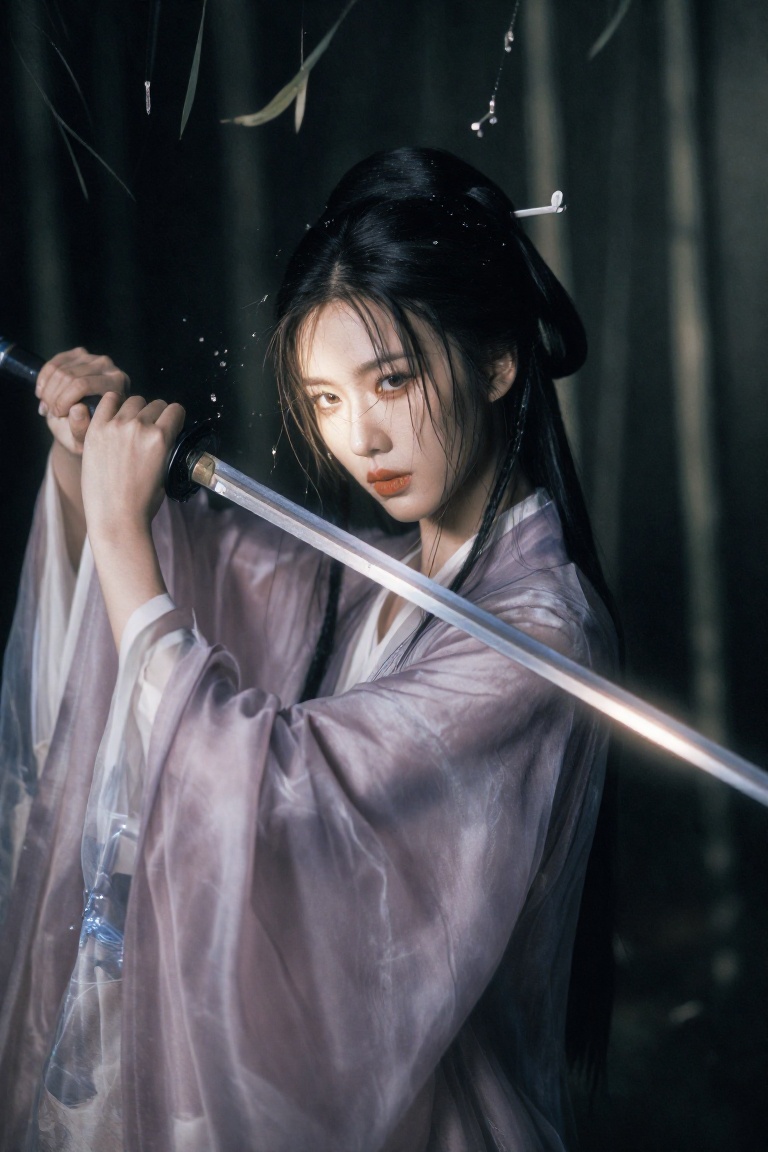 A bamboo forest swordswoman captured through film photography. Her Hanfu outlines an exquisitely beautiful silhouette,  wh...