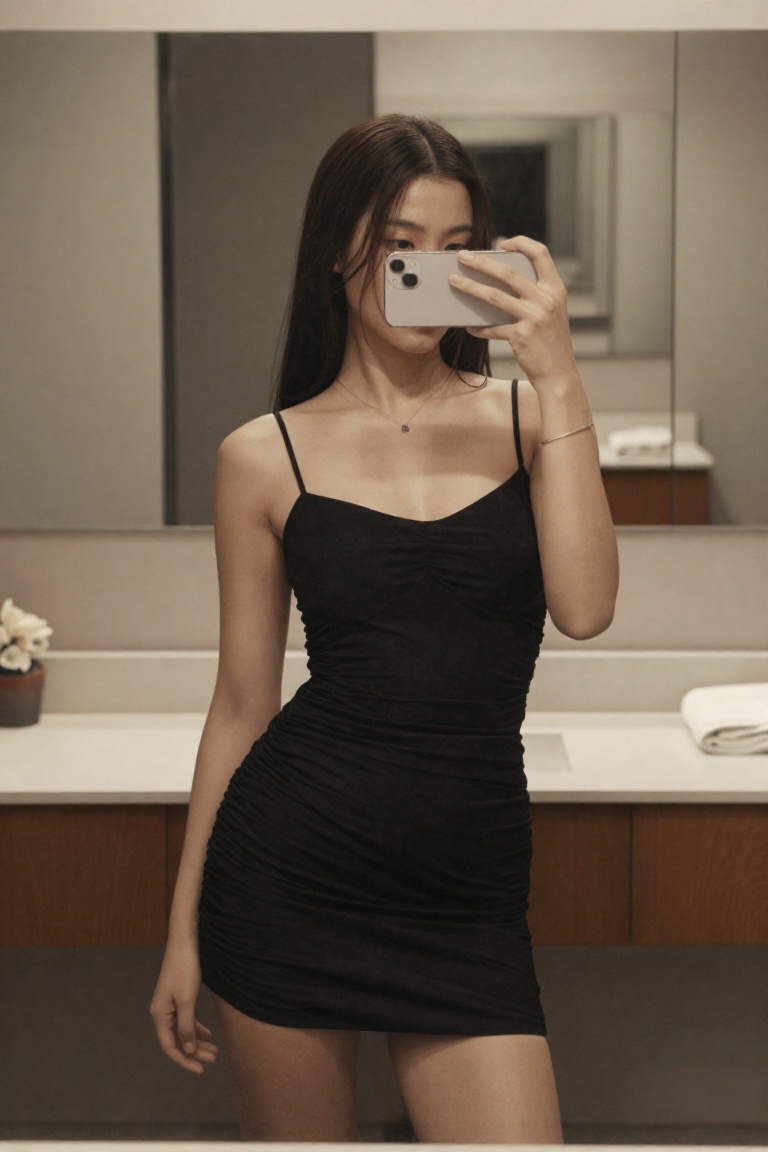 A casual,  unposed smartphone mirror selfie in a normal bathroom,  framed from chest to mid‑thigh with the subject centere...