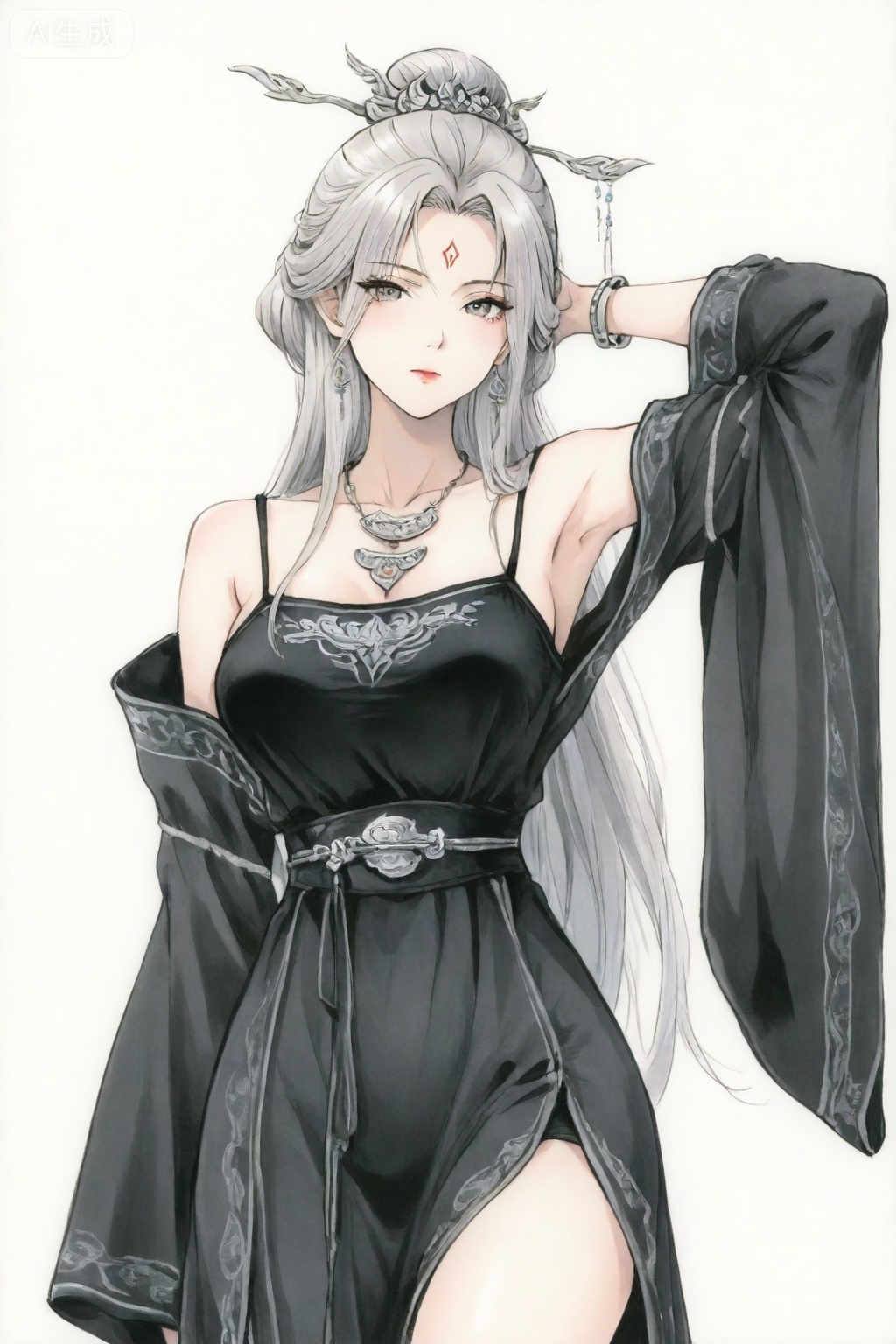 Modern Chinese national style,1girl, solo,long hair

breasts

looking at viewer

long sleeves

hair ornament

white background

dress

closed mouth

jewelry

bare shoulders

white hair

grey hair

cowboy shot

earrings

belt

wide sleeves

armpits

off shoulder

necklace

hair bun

black dress

arm up

bracelet

grey eyes

chinese clothes

camisole

arm behind head

forehead mark

