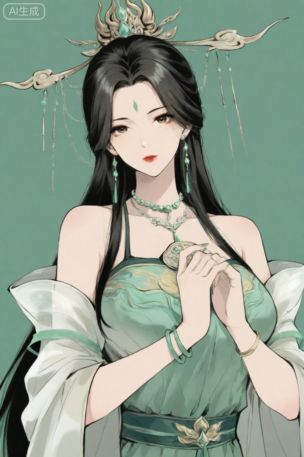Modern Chinese national style,1girl, solo, long hair, black hair, hair ornament, dress, bare shoulders, jewelry, upper body, earrings, bracelet, facial mark, chinese clothes, green background, green dress, forehead mark