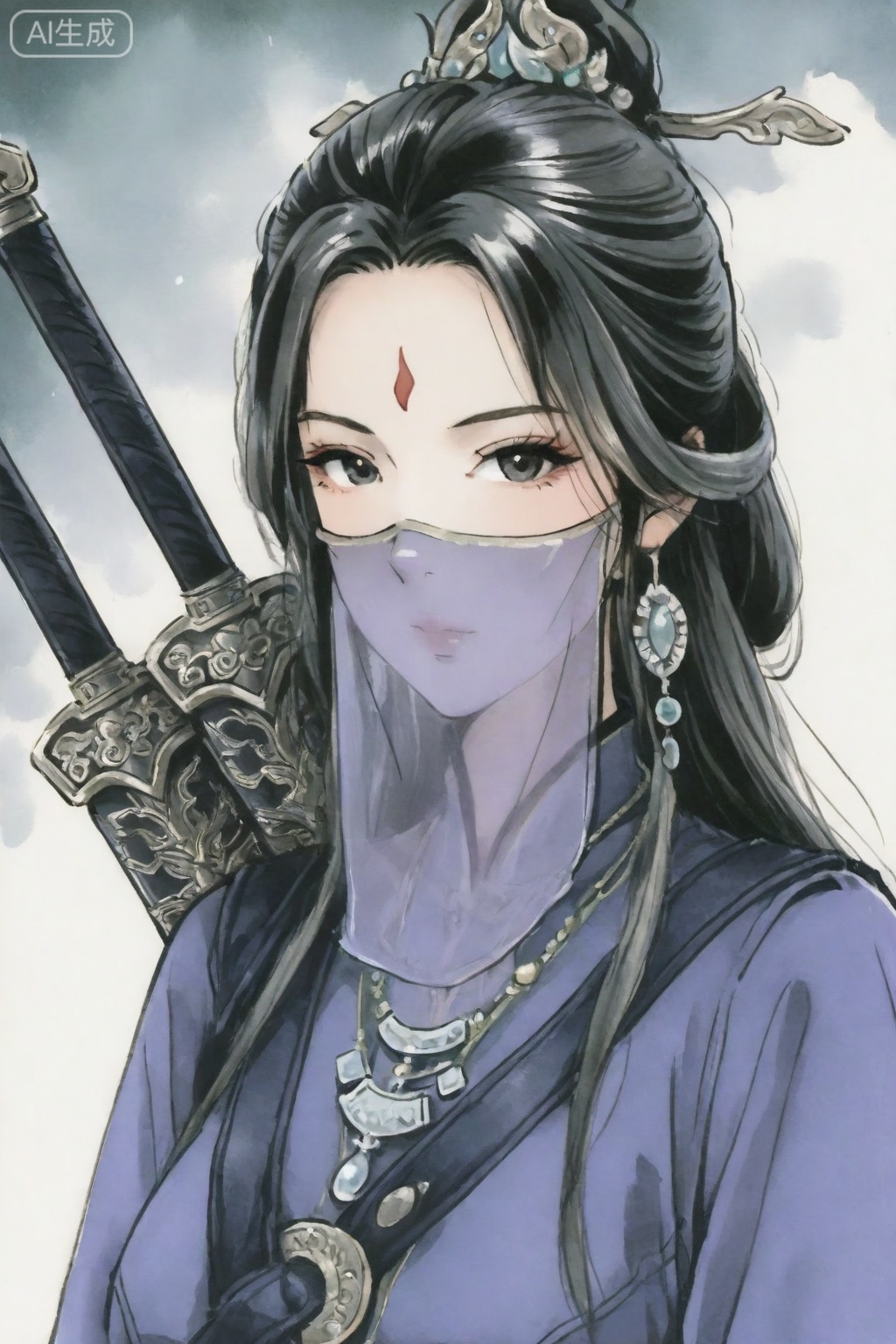 Modern Chinese national style,1girl, solo, long hair, looking at viewer, black hair, hair ornament, jewelry, upper body, weapon, sword, necklace, black eyes, facial mark, veil, forehead mark, weapon on back, mouth veil