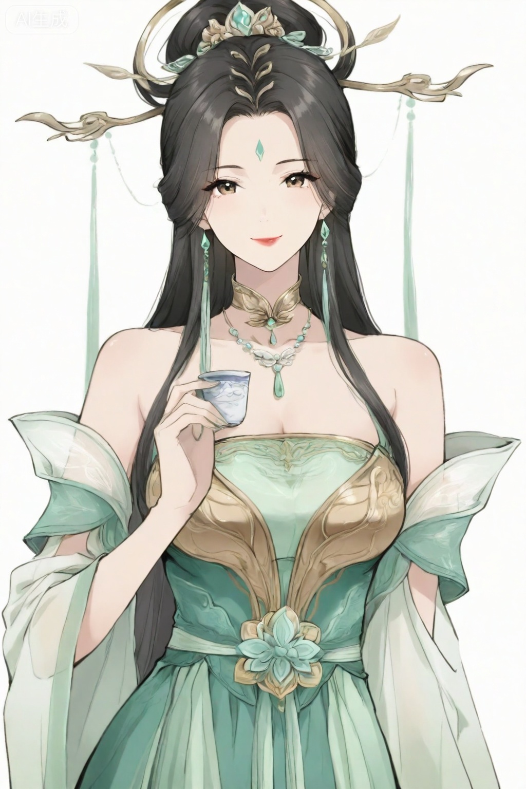 Modern Chinese national style,1girl, solo, long hair, breasts, looking at viewer, smile, black hair, hair ornament, white background, dress, bare shoulders, jewelry, upper body, earrings, detached sleeves, green dress, forehead mark