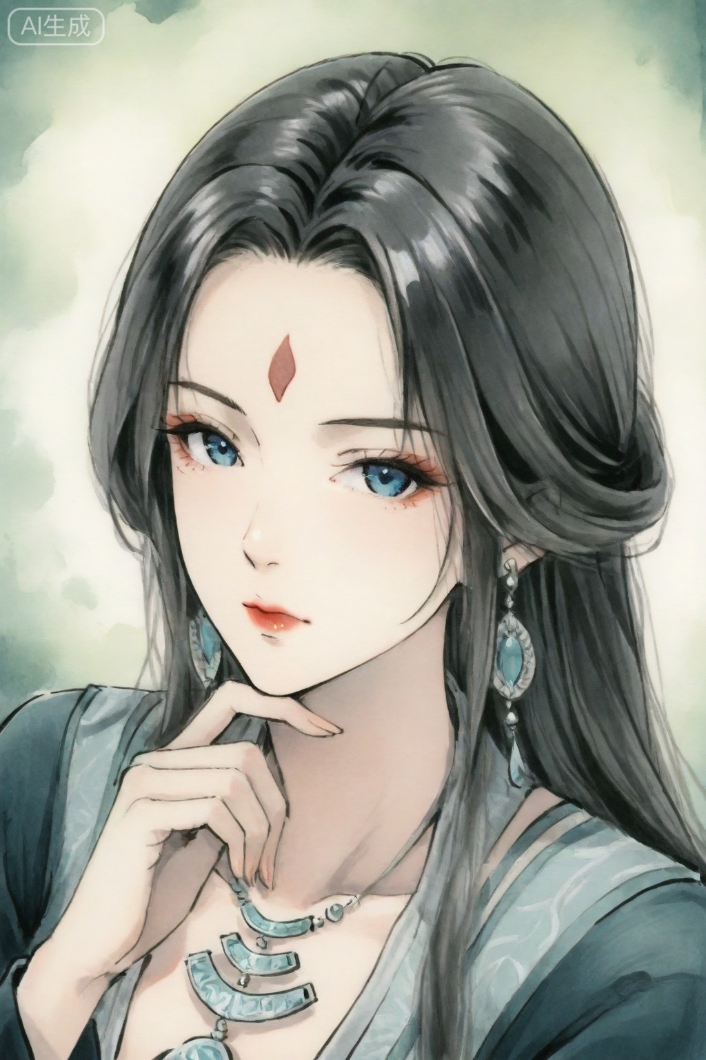 Modern Chinese national style,1girl, solo, long hair, looking at viewer, blue eyes, black hair, jewelry, closed mouth, upper body, earrings, necklace, facial mark, portrait, forehead mark, hand on own chin