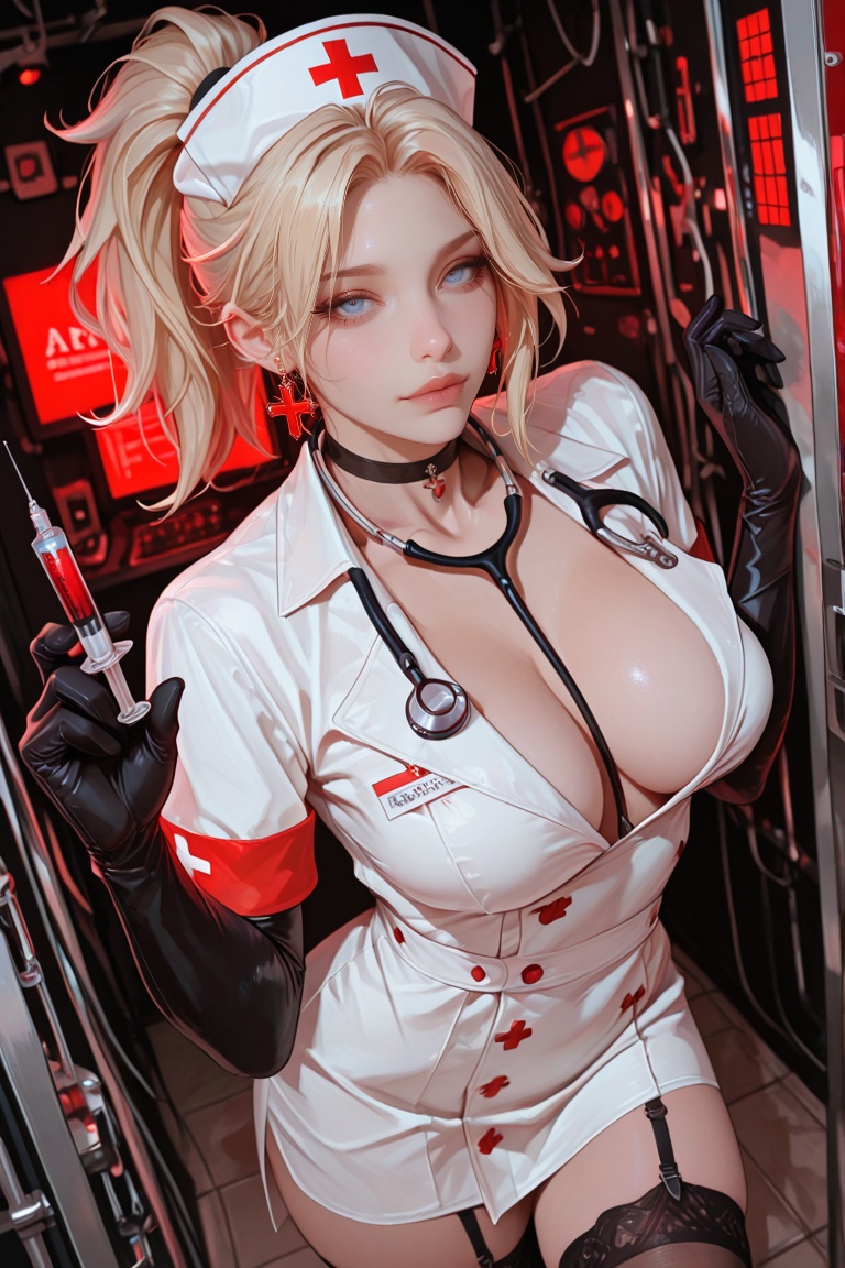 The image depicts a stunning blonde woman,  dressed in a provocative nurse's uniform,  complete with a red cross on her ha...