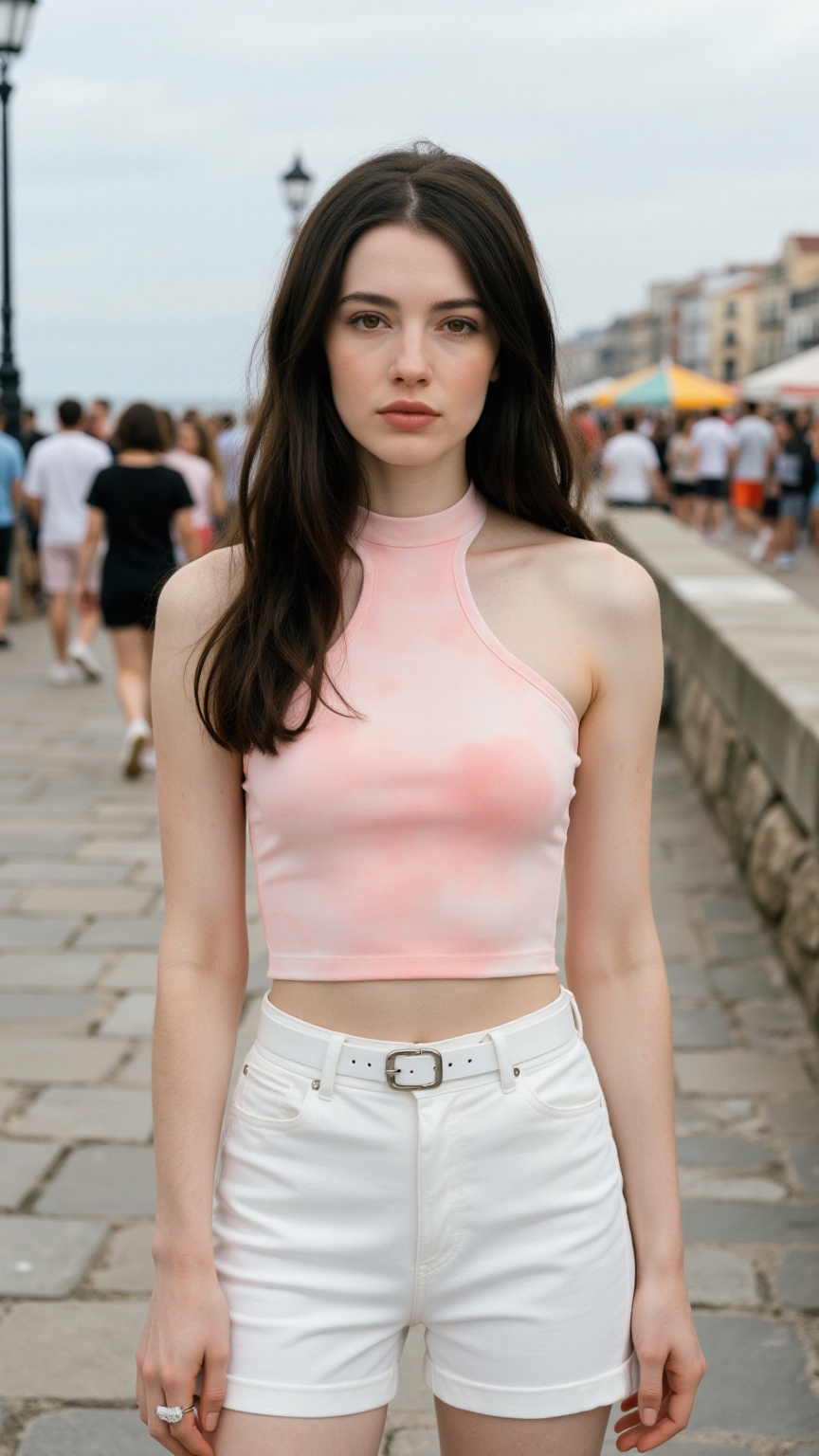extremely pale skin,  A high-fashion,  slight sideview street-style editorial shot captured on a bustling on Tensor.Art