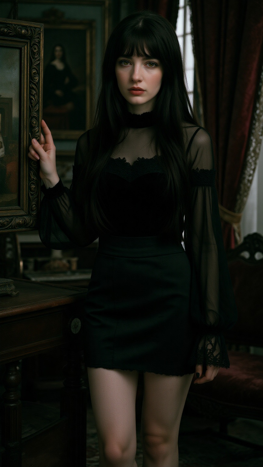 A hauntingly beautiful character portrait photograph. A young European woman with an enigmatic,  magnetic presence command...