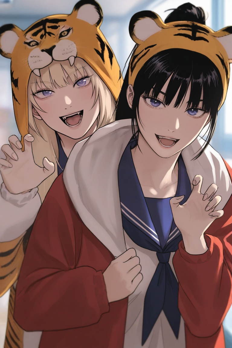 2girls,  animal hood,  black hair on Tensor.Art