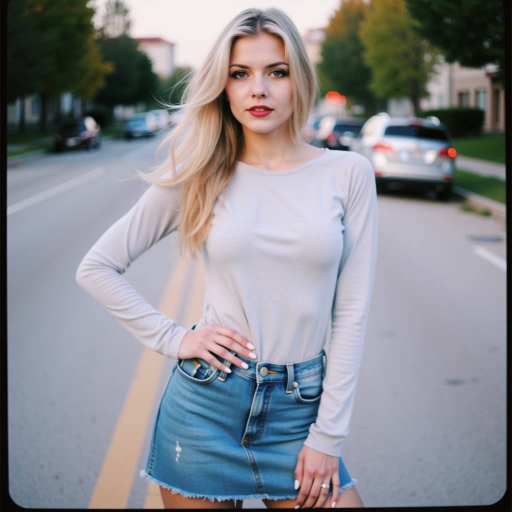 maxxa,  Photorealistic analog-style photograph,  relaxed standing pose with subtle hip shift and hands resting naturally o...