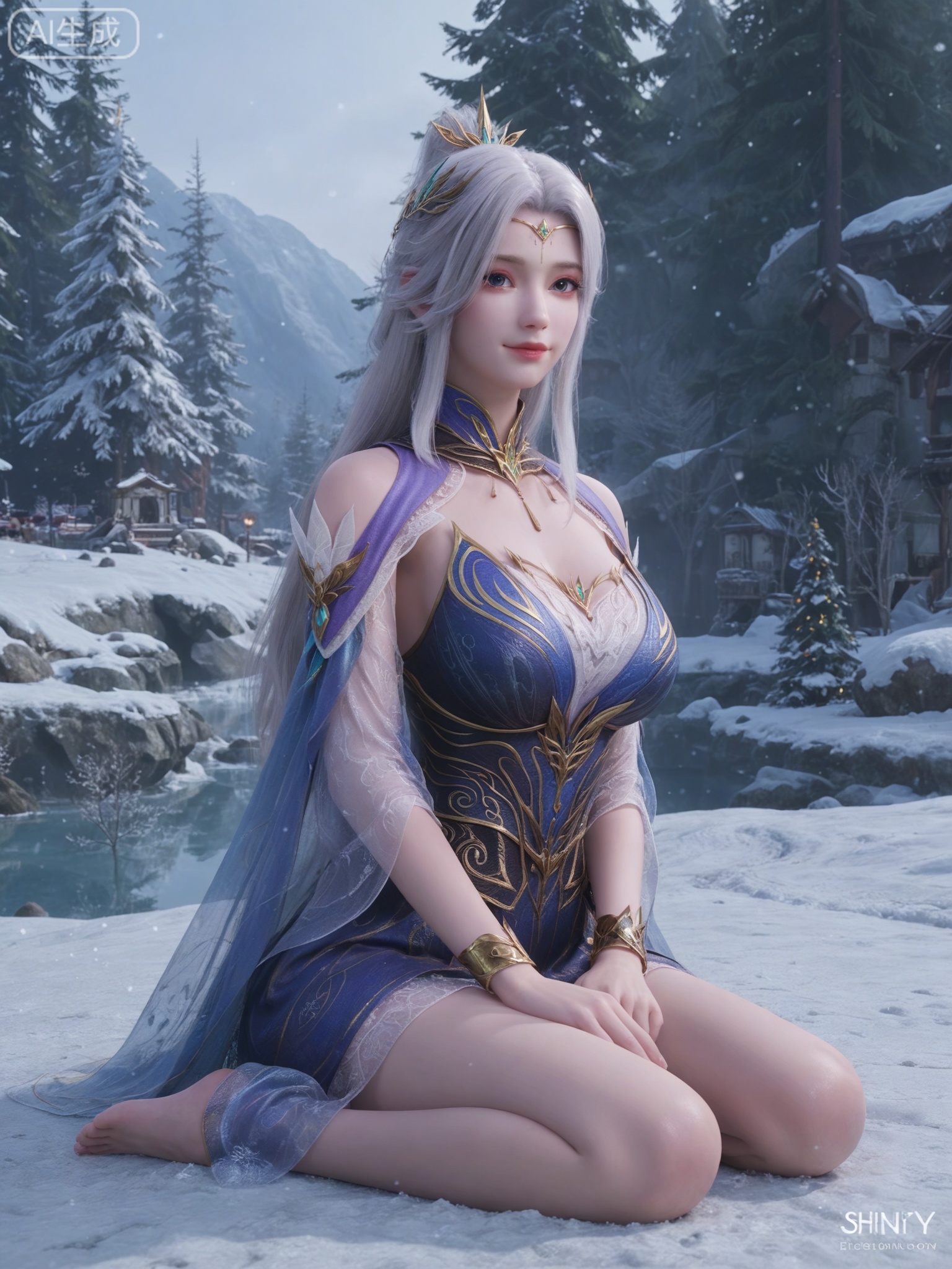 score_9,score_8_up,score_7_up,masterpiece,(best quality),(intricate details:0.9) BREAK (intricate details:0.9),(realistic skin:1.2),masterpiece,best quality,newest,absurdres,hiahres,1girl,jewelry,hair ornament,dress,necklace,lips,eyeshadow,bracelet,tassel,(8k ultra-clear, pony style),photo pose 0.6, micro-expression: soft smile 0.3, half-body + medium shot 0.7,1girl,looking_at_viewer,1boy,hair,realistic,photorealistic,Vivid Colors,bright environment,shiny skin,shiny hairjewelry,detail eyes,Eyes highlights,glowing,sunshine,bright,reflection,bright,sunshine on face,shiny,shinny,petite,thin,leg slimming,lose weight,slim hips,lakeside,delicate water,reflection,(full body:1.3)sitting_down,eyelashes,snow,Winter,Snowy landscape,Snow accumulation,Christmas tree,(huge breasts:1),