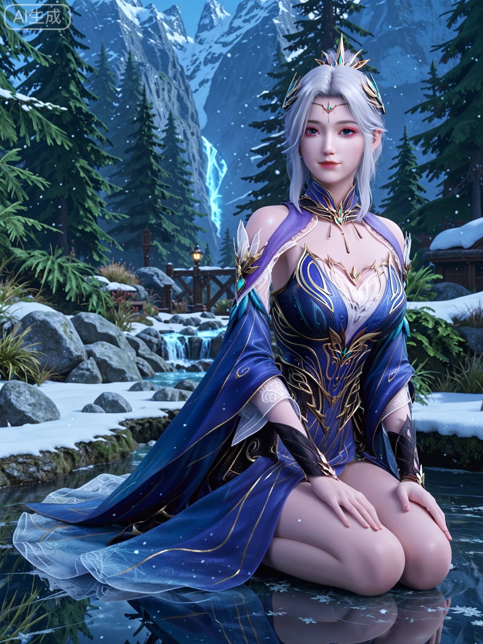 score_9,score_8_up,score_7_up,masterpiece,(best quality),(intricate details:0.9) BREAK (intricate details:0.9),(realistic skin:1.2),masterpiece,best quality,newest,absurdres,hiahres,1girl,jewelry,hair ornament,dress,necklace,lips,eyeshadow,bracelet,tassel,(8k ultra-clear, pony style),photo pose 0.6, micro-expression: soft smile 0.3, half-body + medium shot 0.7,1girl,looking_at_viewer,1boy,hair,realistic,photorealistic,Vivid Colors,bright environment,shiny skin,shiny hairjewelry,detail eyes,Eyes highlights,glowing,sunshine,bright,reflection,bright,sunshine on face,shiny,shinny,petite,thin,leg slimming,lose weight,slim hips,lakeside,delicate water,reflection,(full body:1.3)sitting_down,eyelashes,snow,Winter,Snowy landscape,Snow accumulation,Christmas tree,(huge breasts:1),