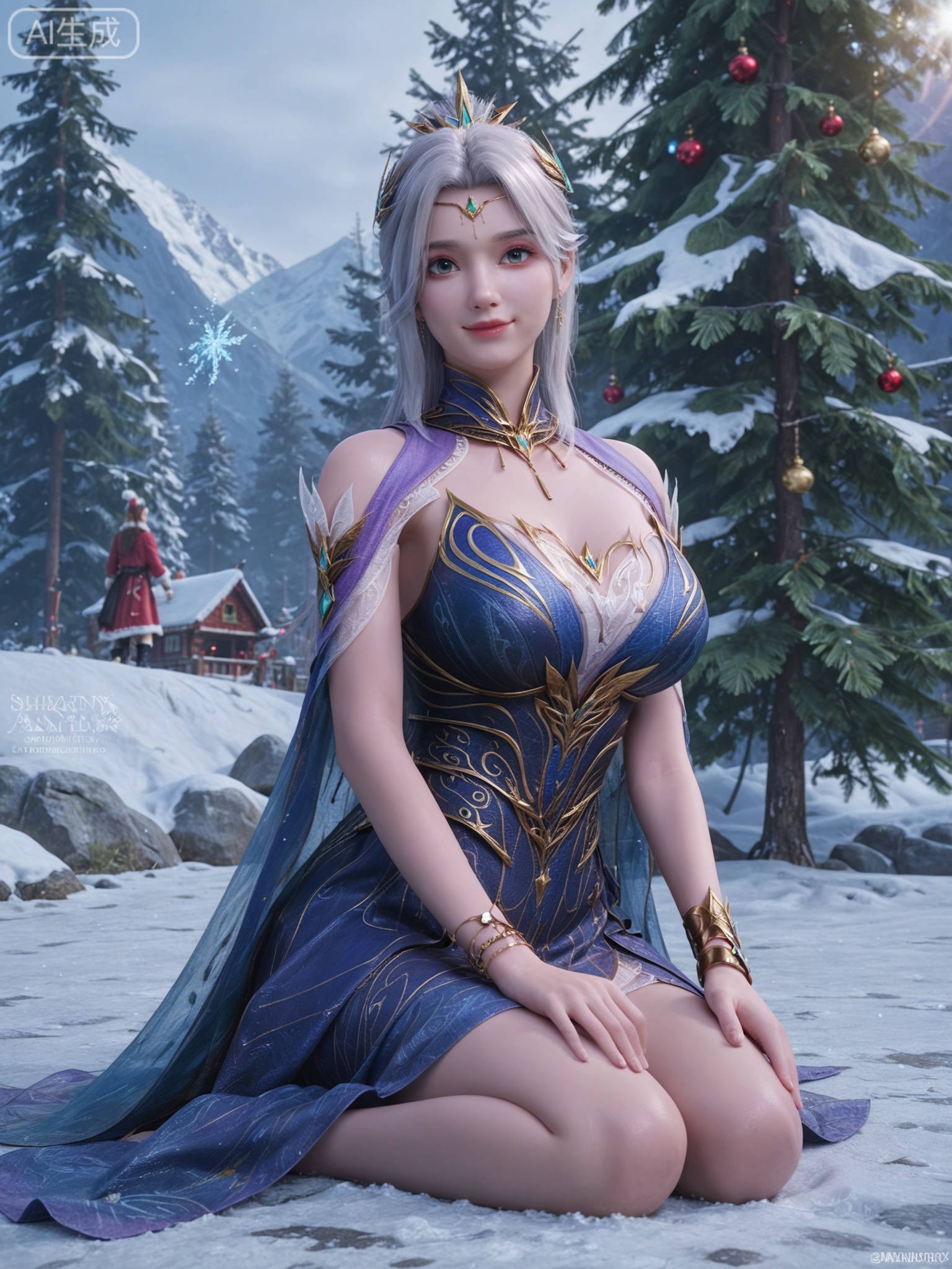 score_9,score_8_up,score_7_up,masterpiece,(best quality),(intricate details:0.9) BREAK (intricate details:0.9),(realistic skin:1.2),masterpiece,best quality,newest,absurdres,hiahres,1girl,jewelry,hair ornament,dress,necklace,lips,eyeshadow,bracelet,tassel,(8k ultra-clear, pony style),photo pose 0.6, micro-expression: soft smile 0.3, half-body + medium shot 0.7,1girl,looking_at_viewer,1boy,hair,realistic,photorealistic,Vivid Colors,bright environment,shiny skin,shiny hairjewelry,detail eyes,Eyes highlights,glowing,sunshine,bright,reflection,bright,sunshine on face,shiny,shinny,petite,thin,leg slimming,lose weight,slim hips,lakeside,delicate water,reflection,(full body:1.3)sitting_down,eyelashes,snow,Winter,Snowy landscape,Snow accumulation,Christmas tree,(huge breasts:1),